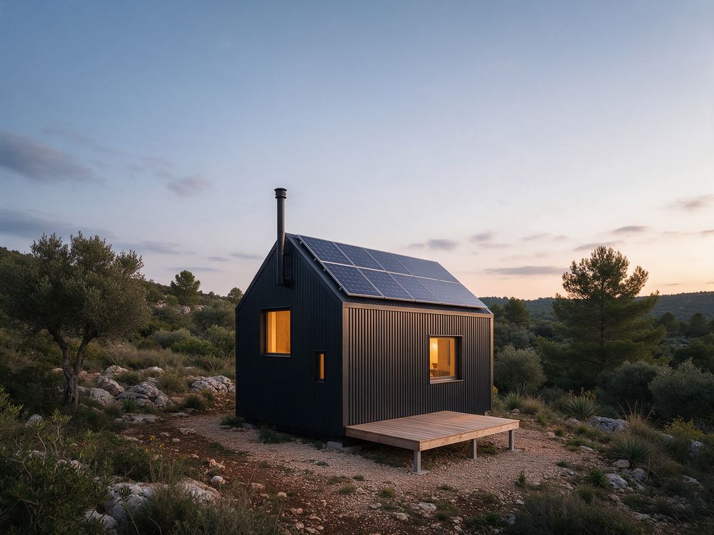Off-grid cabin powered by solar panels