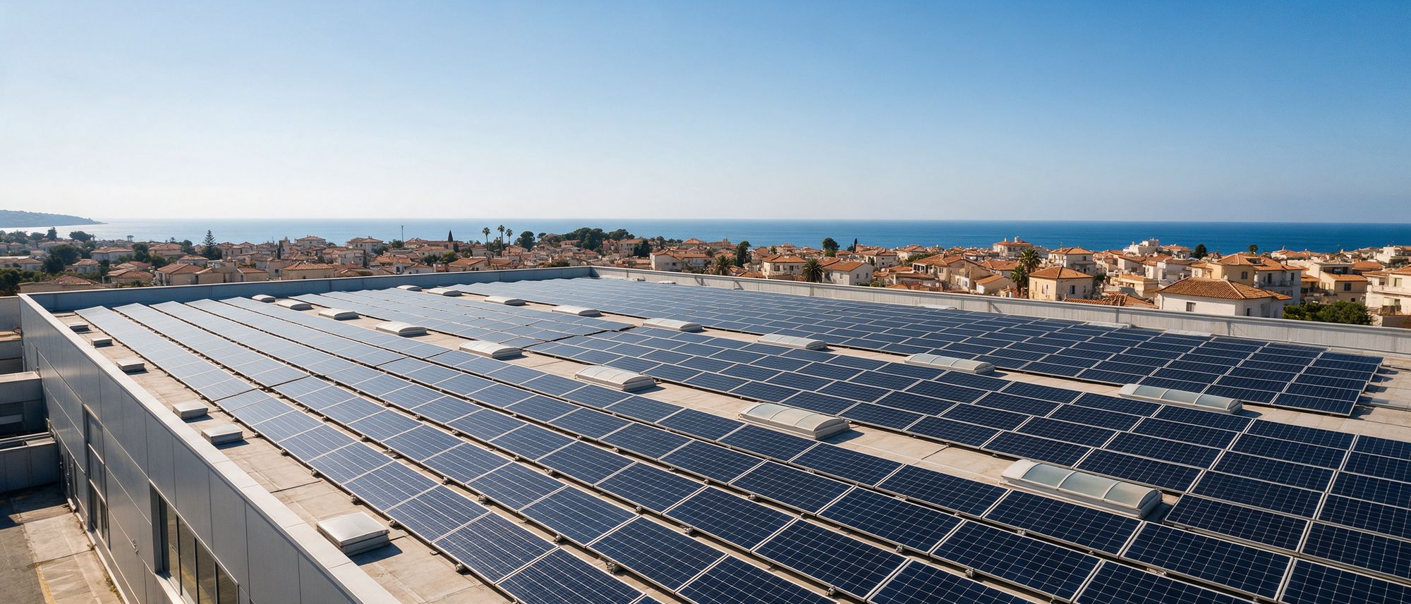 Commercial rooftop covered in solar panels above a Mediterranean town