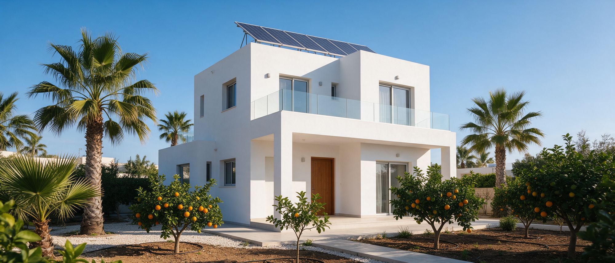 White Cyprus villa with rooftop solar panels