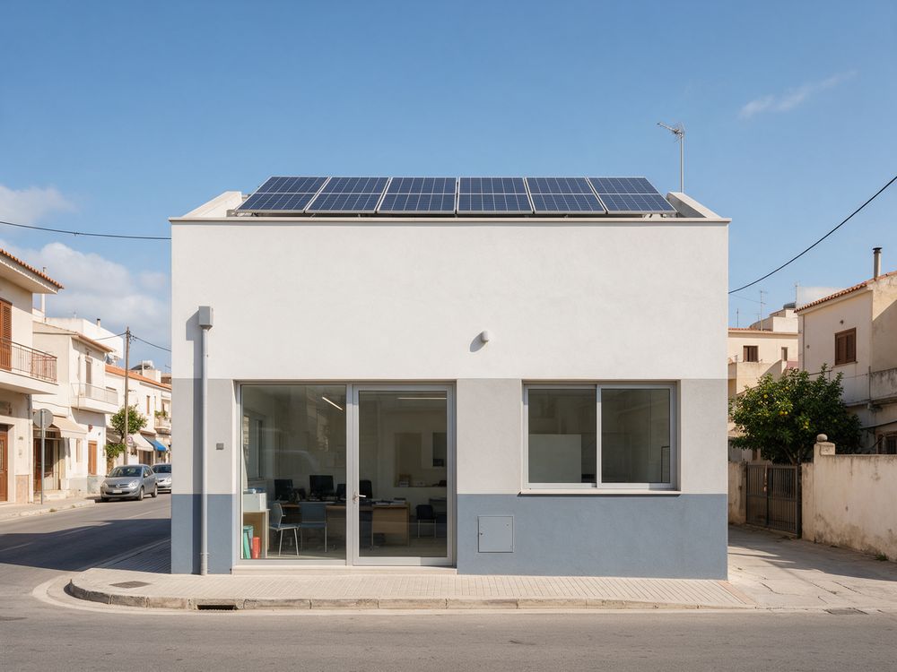 Shop and office building with rooftop solar panels