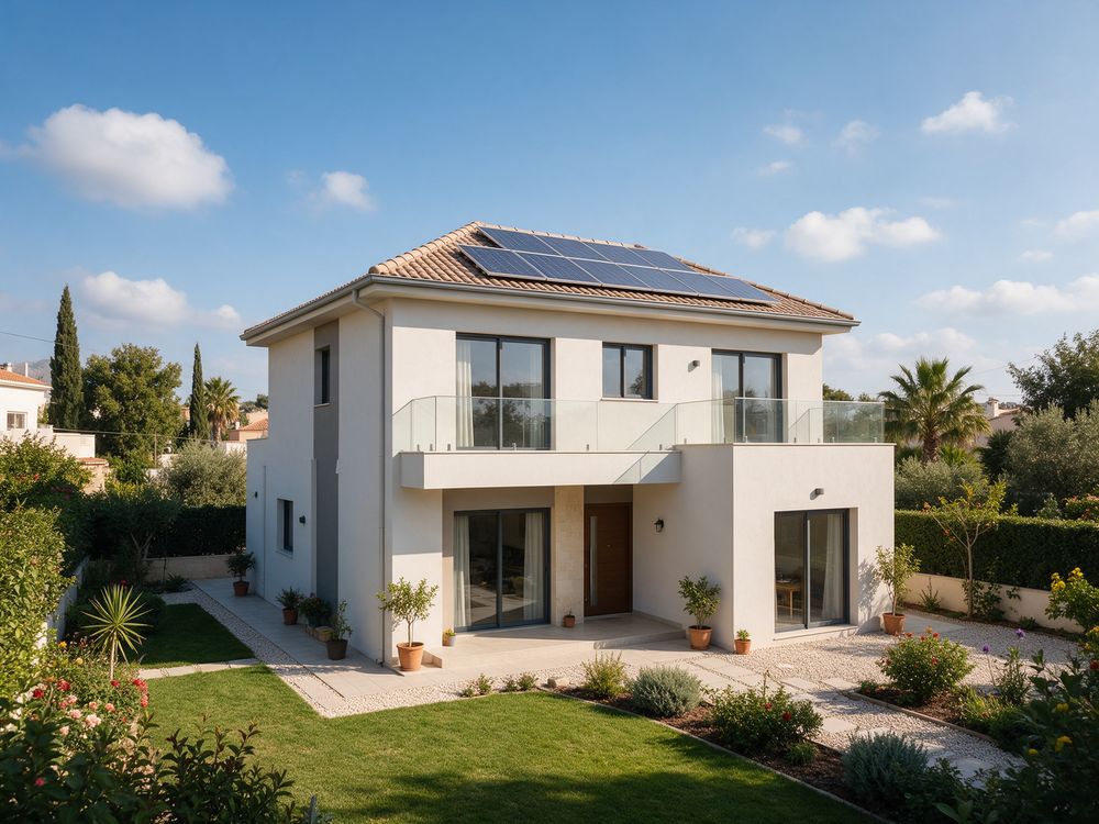 Family house with rooftop solar panels